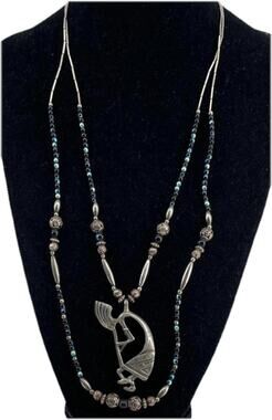 Large Sterling Silver Native American Double Strand Beaded 3D Kokopelli Necklace